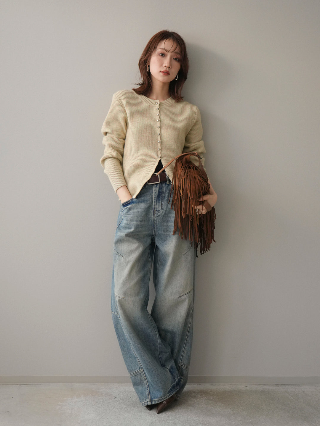 [予約]シルバーボタン畦編みニットカーディガン/ivory