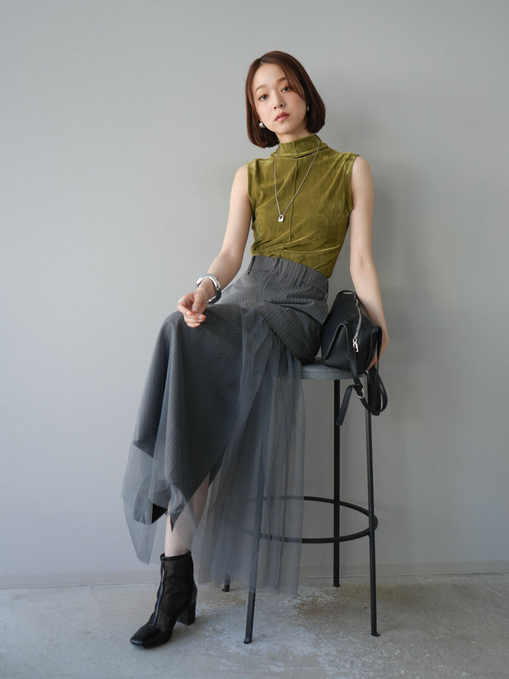 [予約]シアーベロアプチネックノースリーブトップス/カーキ