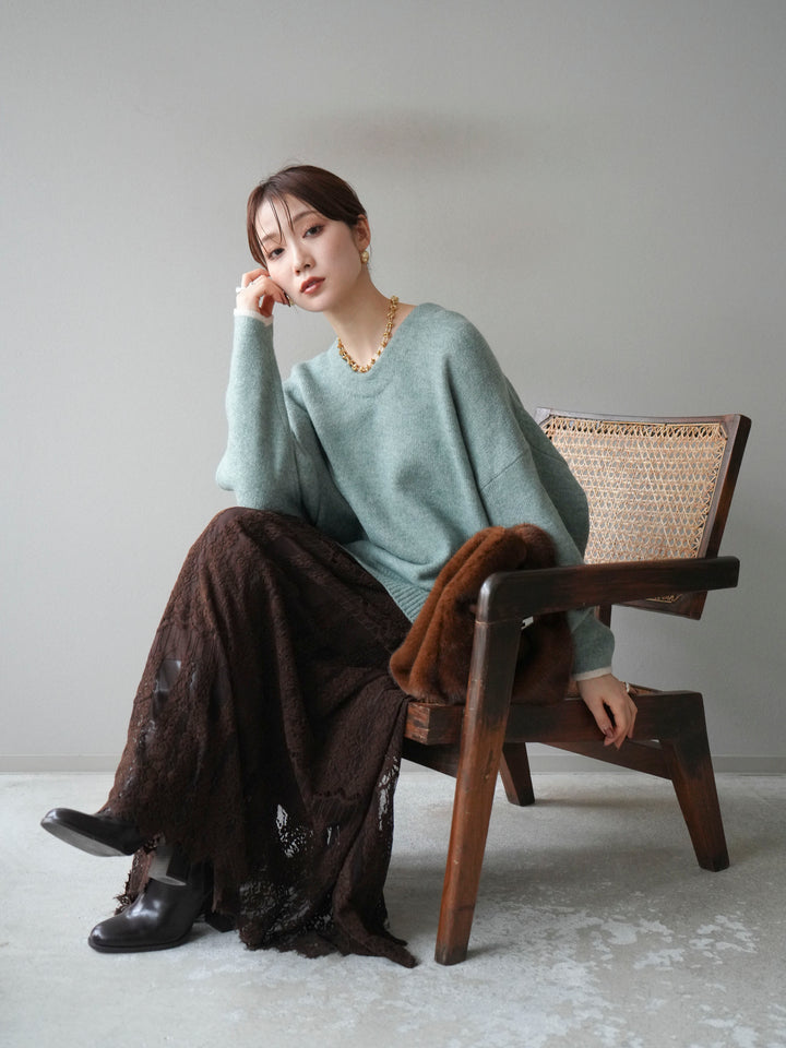 [SET]Vネック配色スリーブニットプルオーバー+選べるアクセセット(2set)