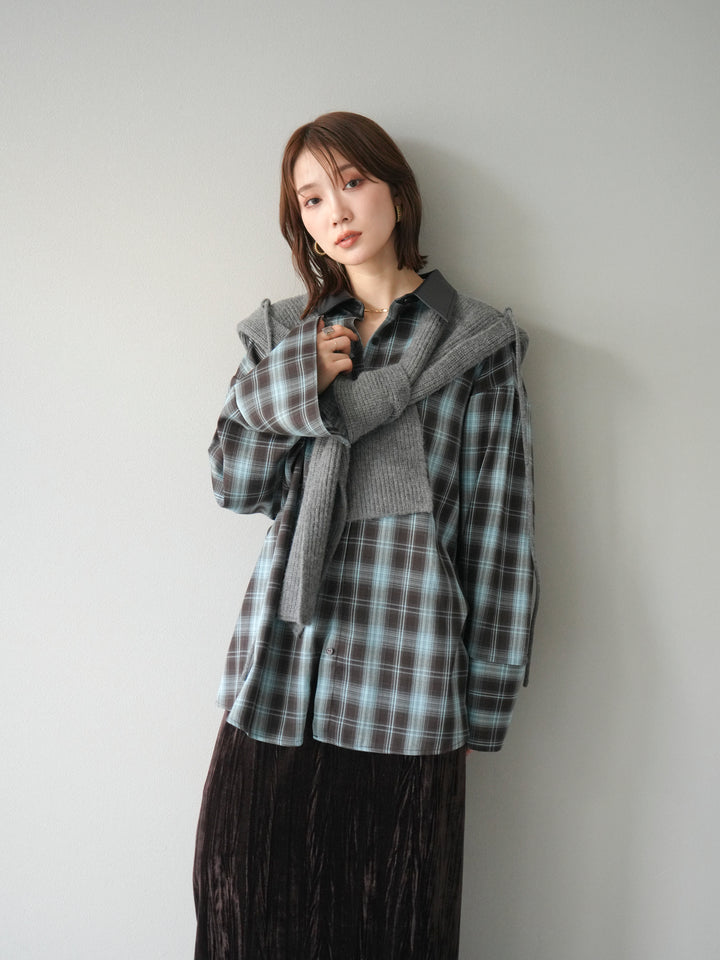 [SET]レザー襟オンブレチェックオーバーシャツ +クラッシュベロアナロースカート(2set)