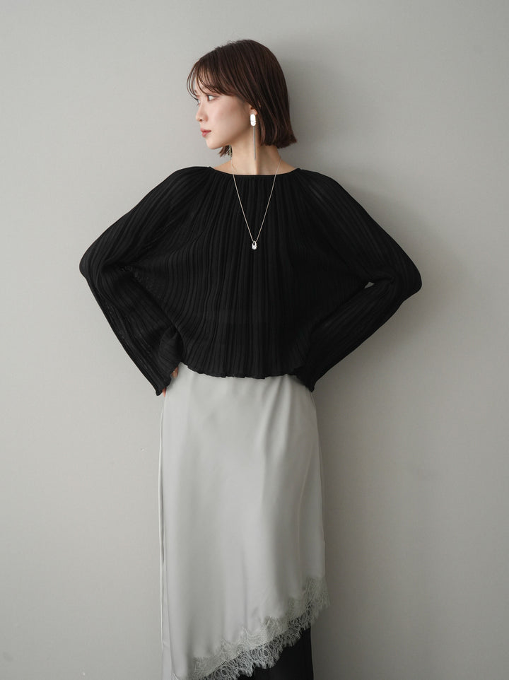 [SET]プリーツシアーフレアスリーブニットトップス+センターシームフレアパンツ+サテンライクアシメレーススカート(3set)