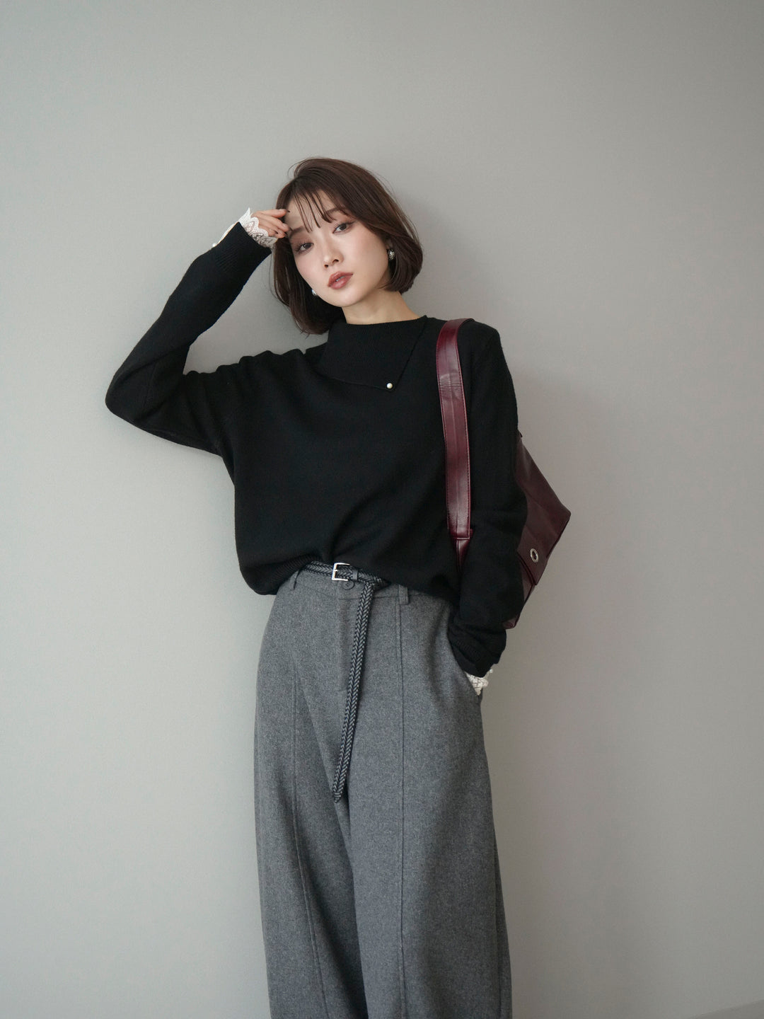 [SET]袖レースパール付き配色ニットトップス+ウールタッチカーブパンツ(2set)