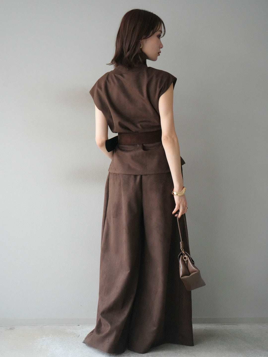 [SET]ベルト付スエードハイネックプルオーバー＆ワイドパンツSET UP