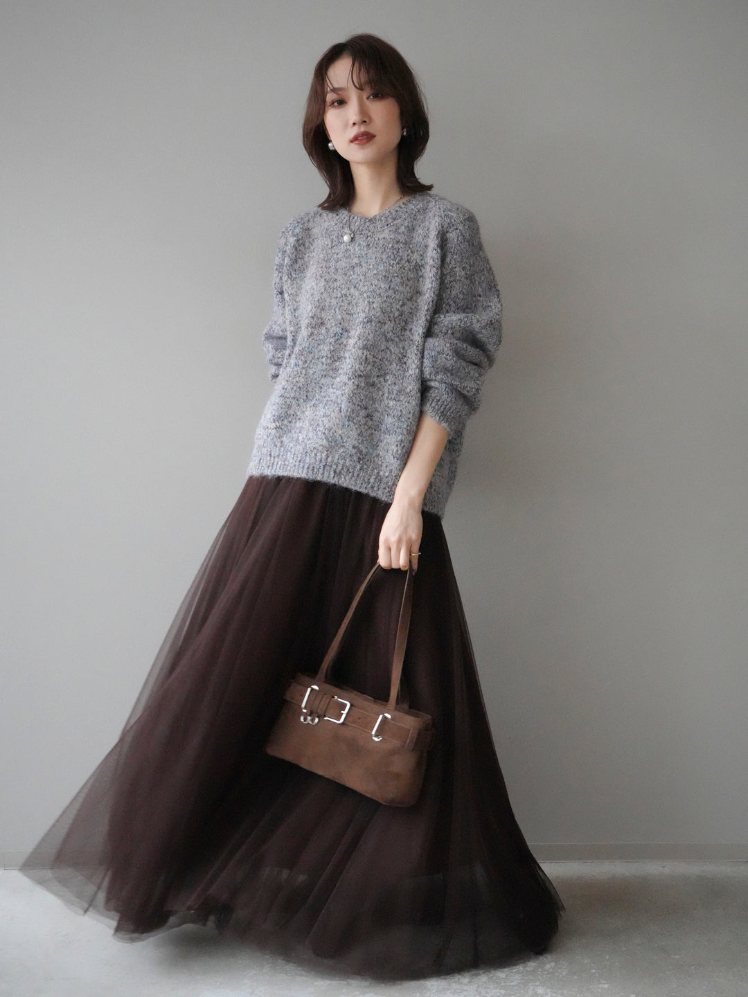 [SET]ロゴラベルミックスヤーンニットプルオーバー+チュールボリュームスカート(2set)