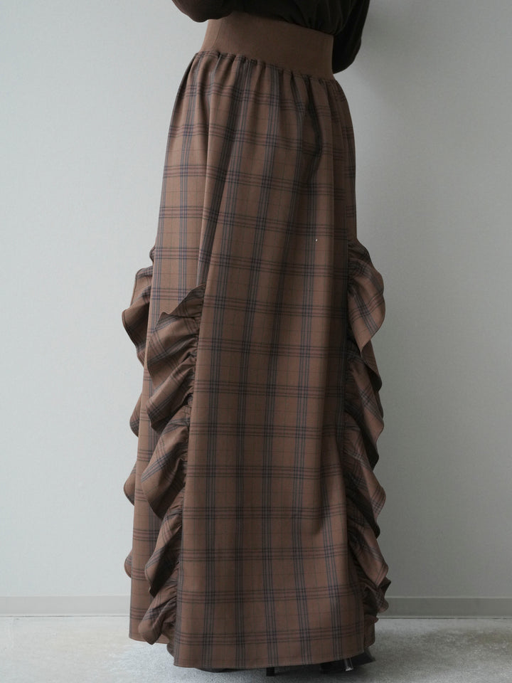 [予約]チェック柄フリルハイウエストマキシスカート/lightbrown