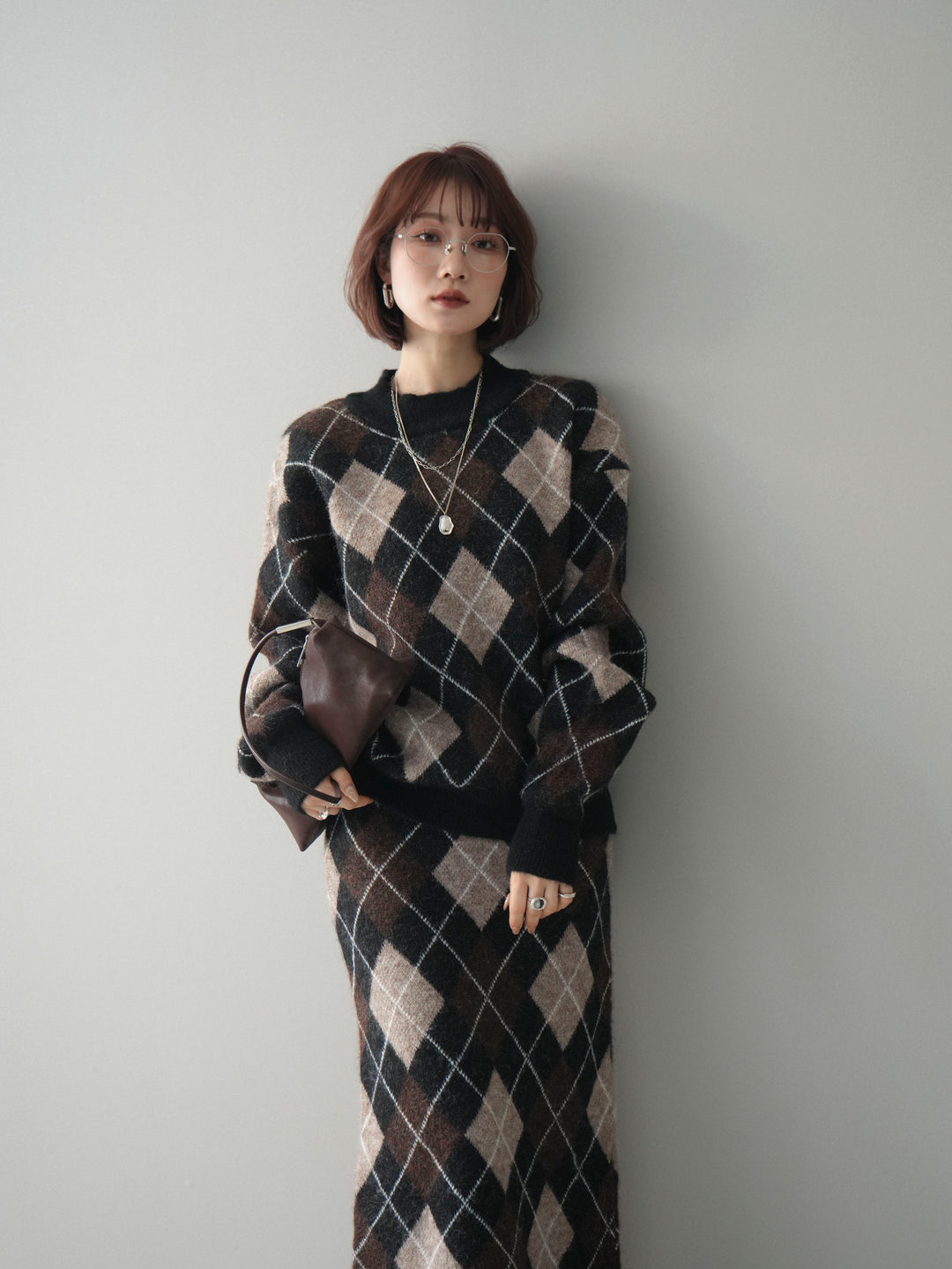 [SET]アーガイルニットプルオーバー&ロングスカートSET UP+選べるアクセセット(2set)