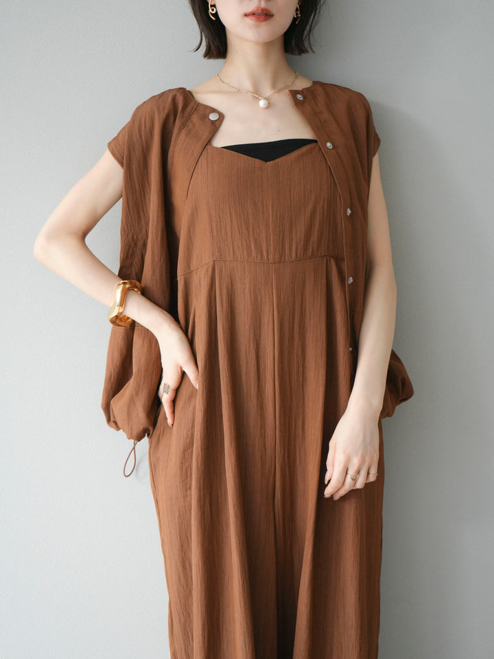 [SET]リネンライクビスチェデザインサロペット+リネンライクドロストバルーンブルゾン(2set)