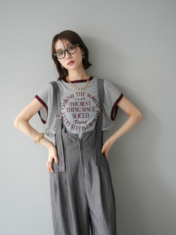 [SET]ストリングデザインハイウエストサロペット+シアーフライス ロゴプリントT (2set)