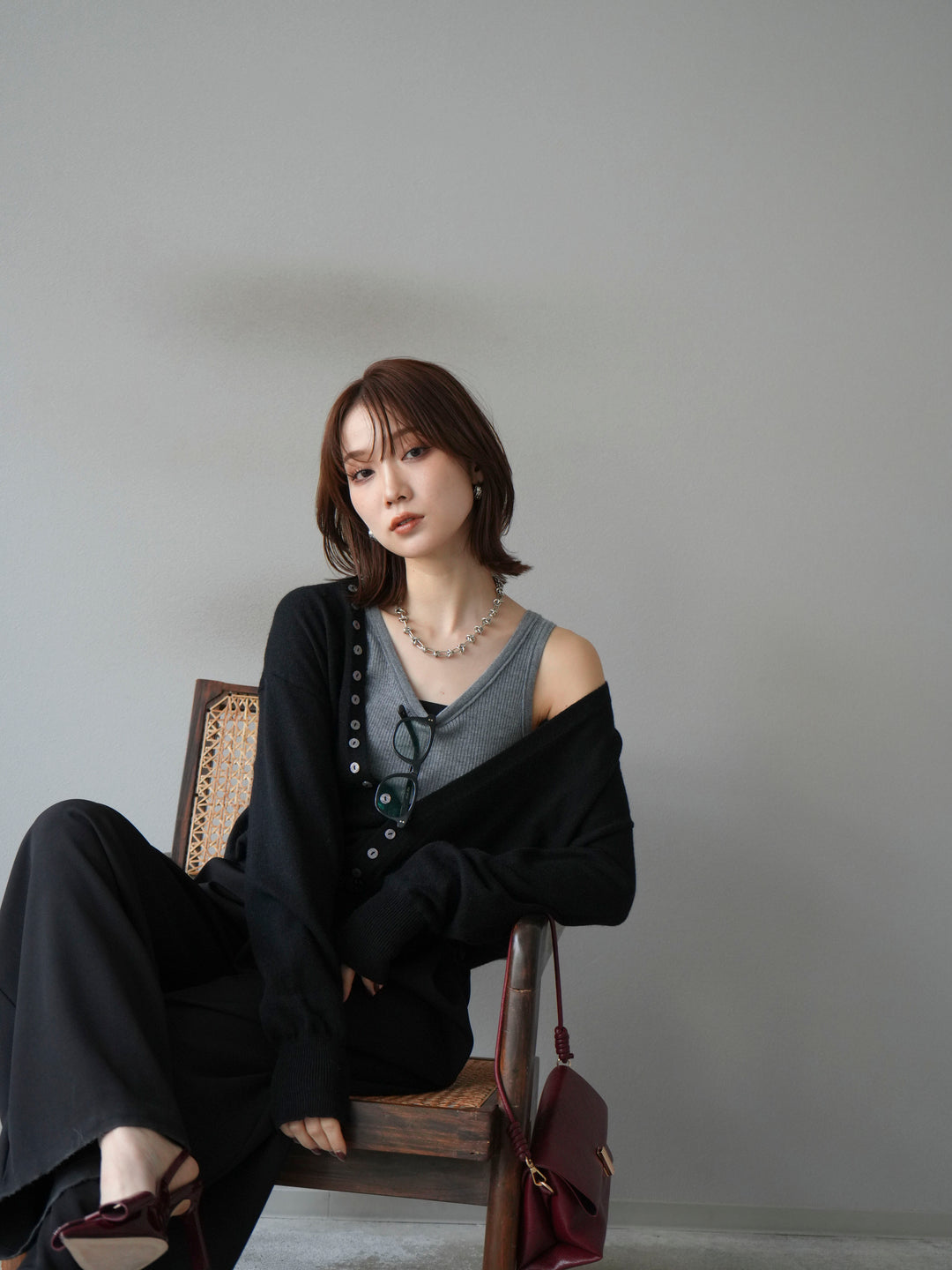 [SET]デザインボタンニットカーディガン＆タンクトップSET+ベルトループデザインワイドパンツ(2set)