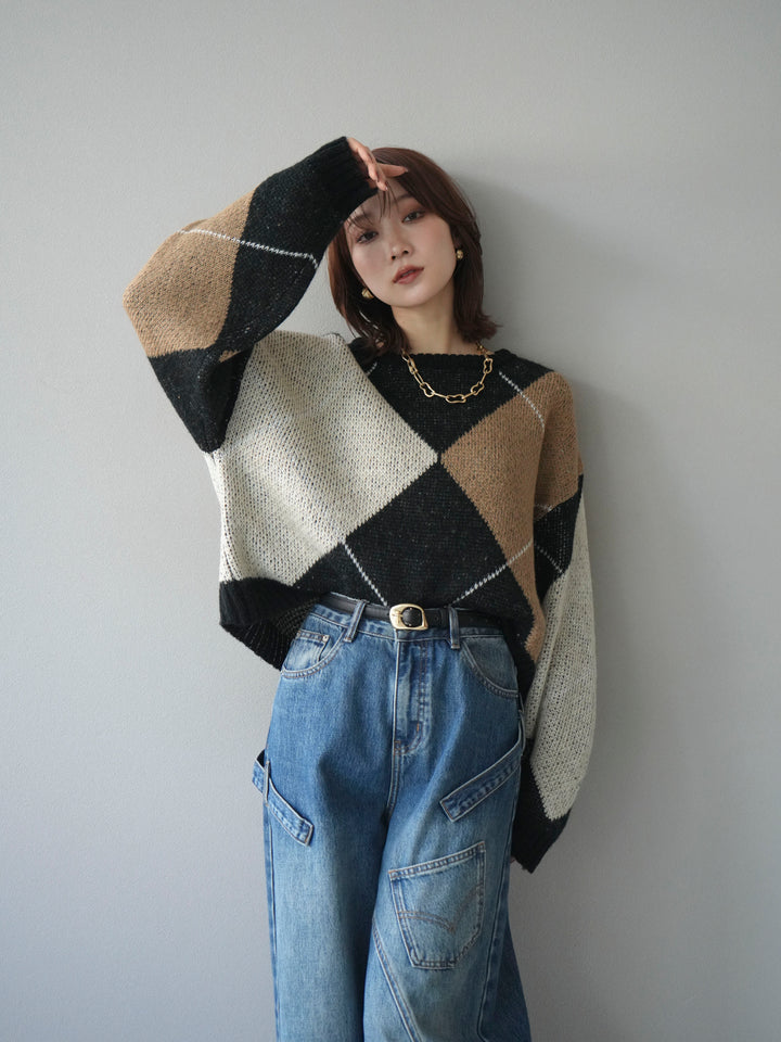 [SET]配色ステッチアーガイル柄ニットプルオーバー+配色ステッチアーガイル柄ニットプルオーバー(2set)