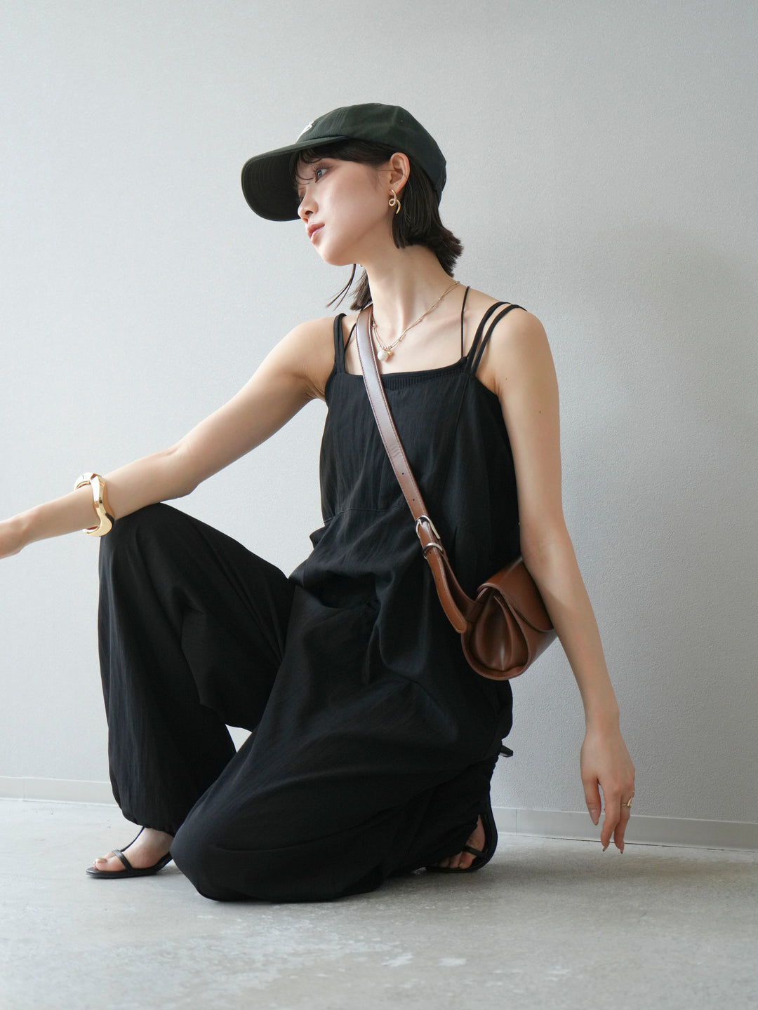 [SET]リネンライクビスチェデザインサロペット+ダブルストラップカットリブブラキャミソール(2set)