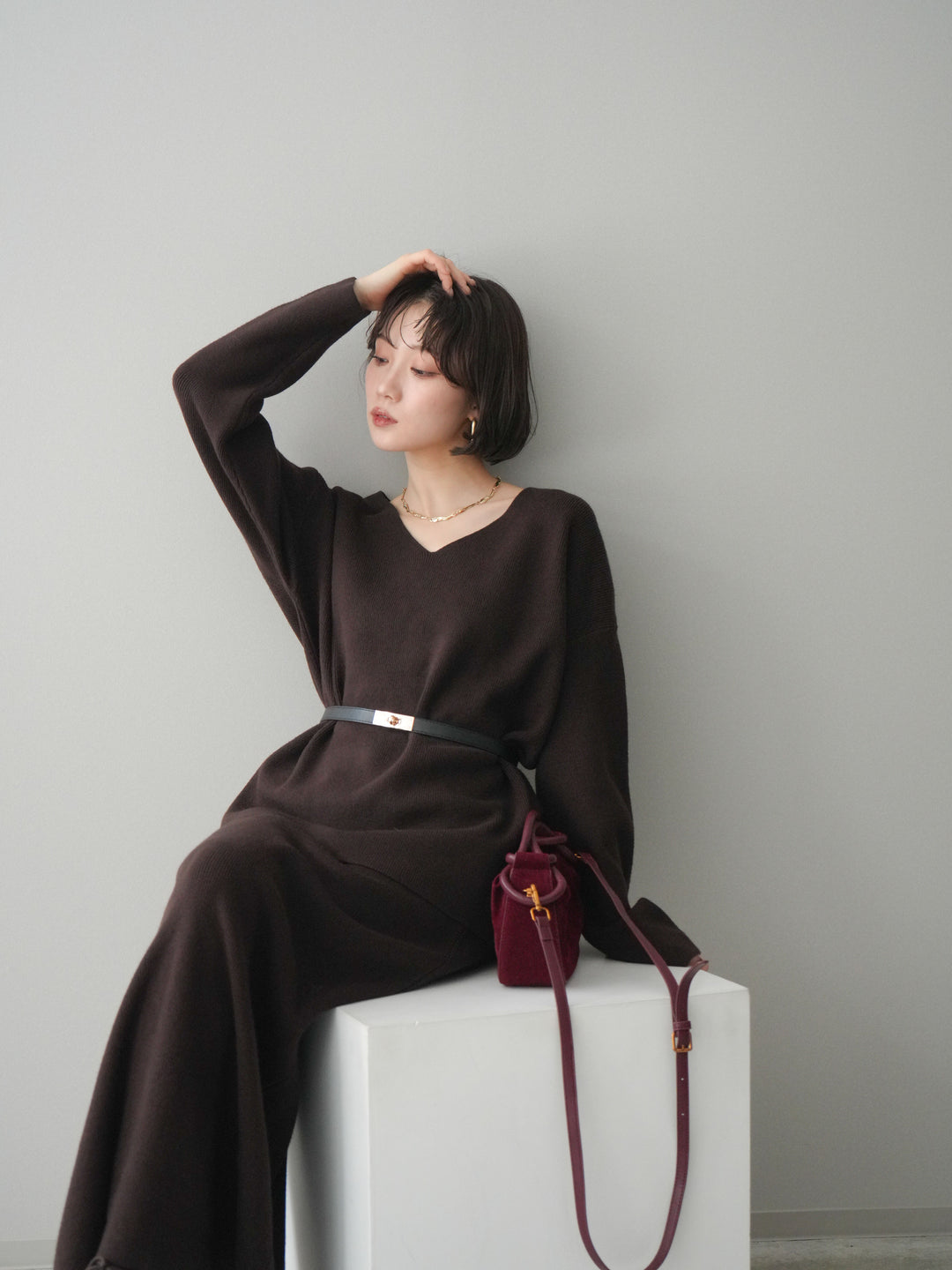 [SET]ベルト付Vネックニット＆スカートSET UP+ベルト付Vネックニット＆スカートSET UP(2set)