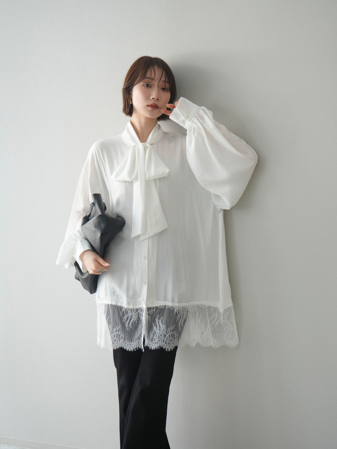 [予約]レースヘムボウタイブラウス/white