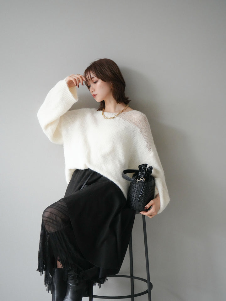 [予約]ネック透かし編みニットプルオーバー/ホワイト
