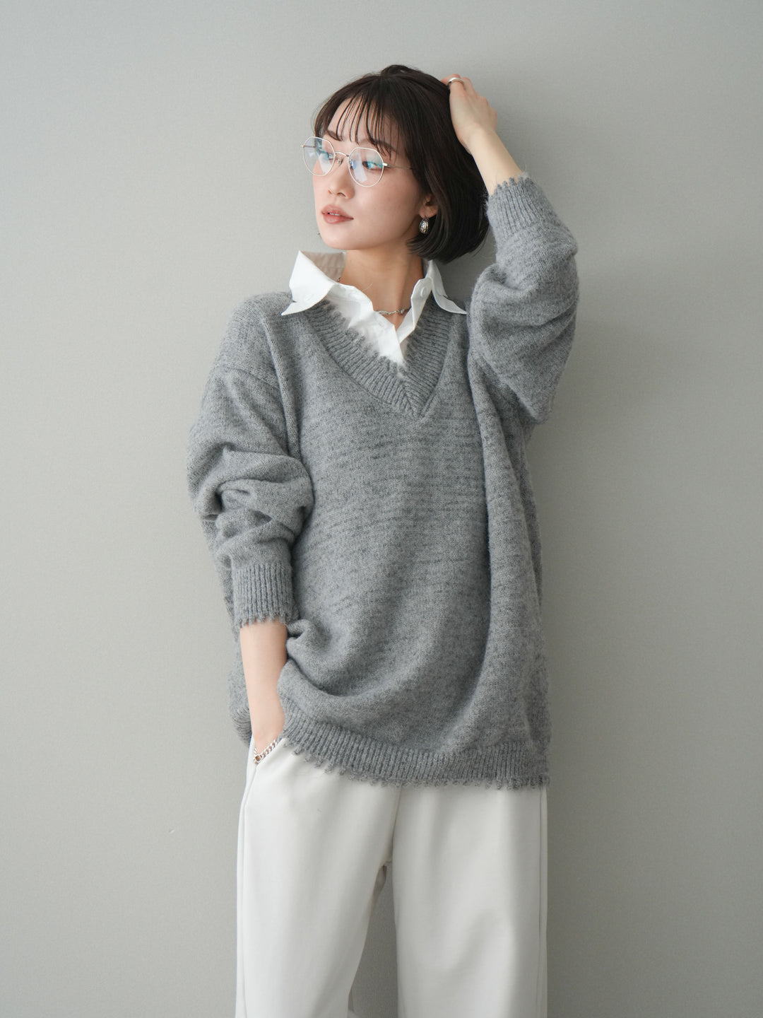 [予約]シャツドッキングVネックフリンジニットプルオーバー/gray