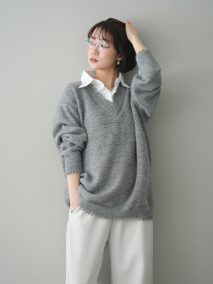 [予約]シャツドッキングVネックフリンジニットプルオーバー/gray