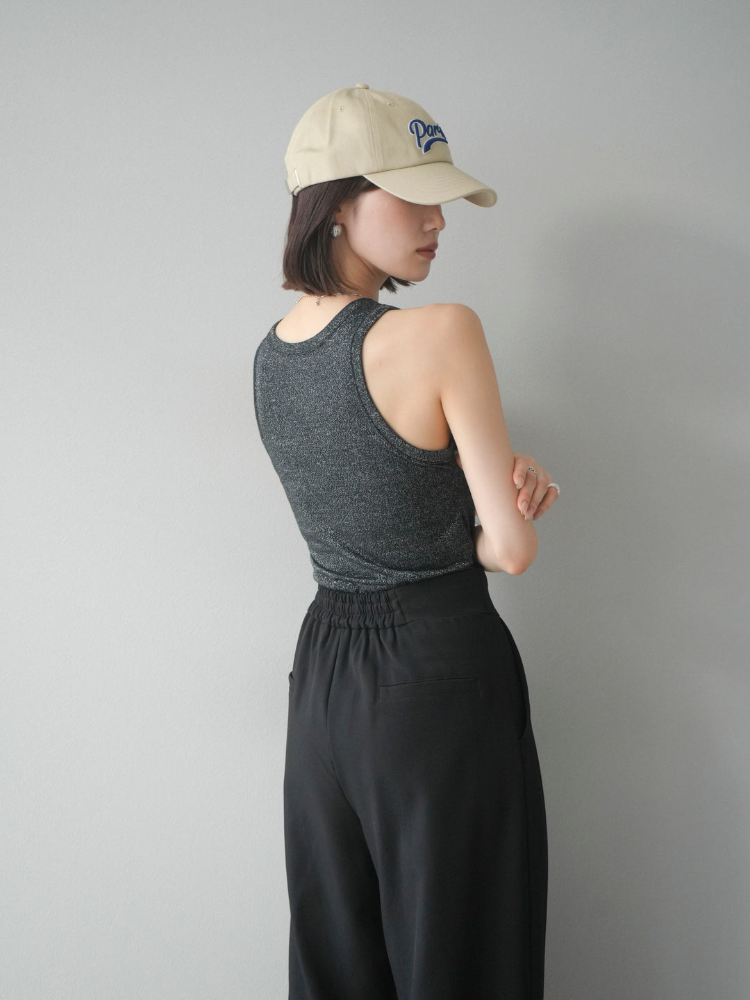 [予約]カップ付きラメアメスリブラトップ/ブラック