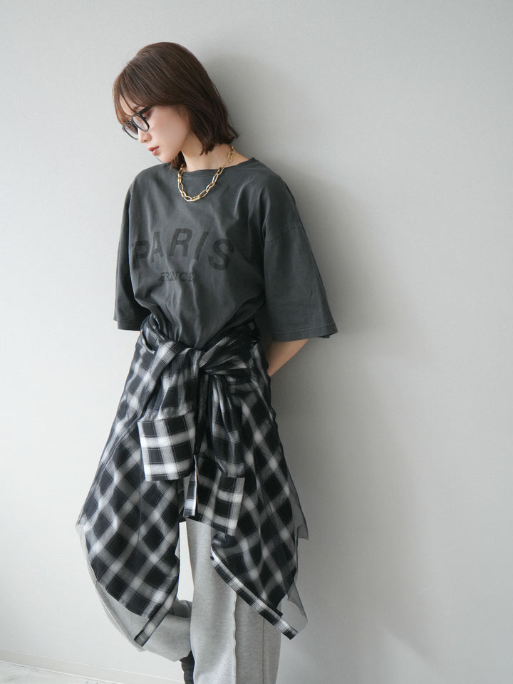 [SET]ピグメントロゴプリントTシャツ+2WAYデザインスウェットパンツ+チュールドッキングチェック柄オーバーサイズシャツ(3set)