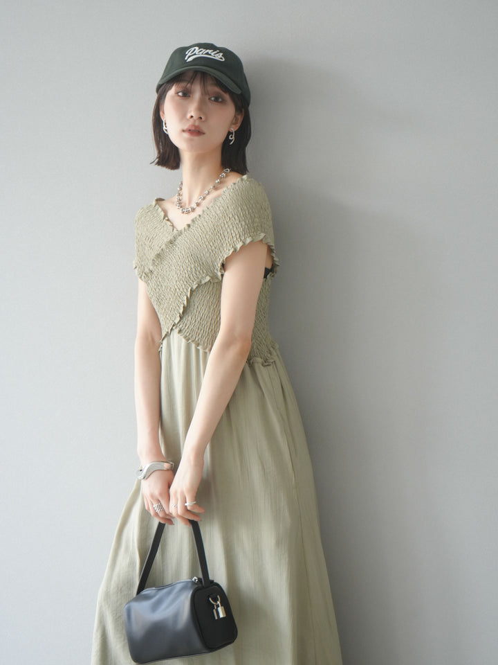 [予約]シャーリングクロスワンピース/グレージュ