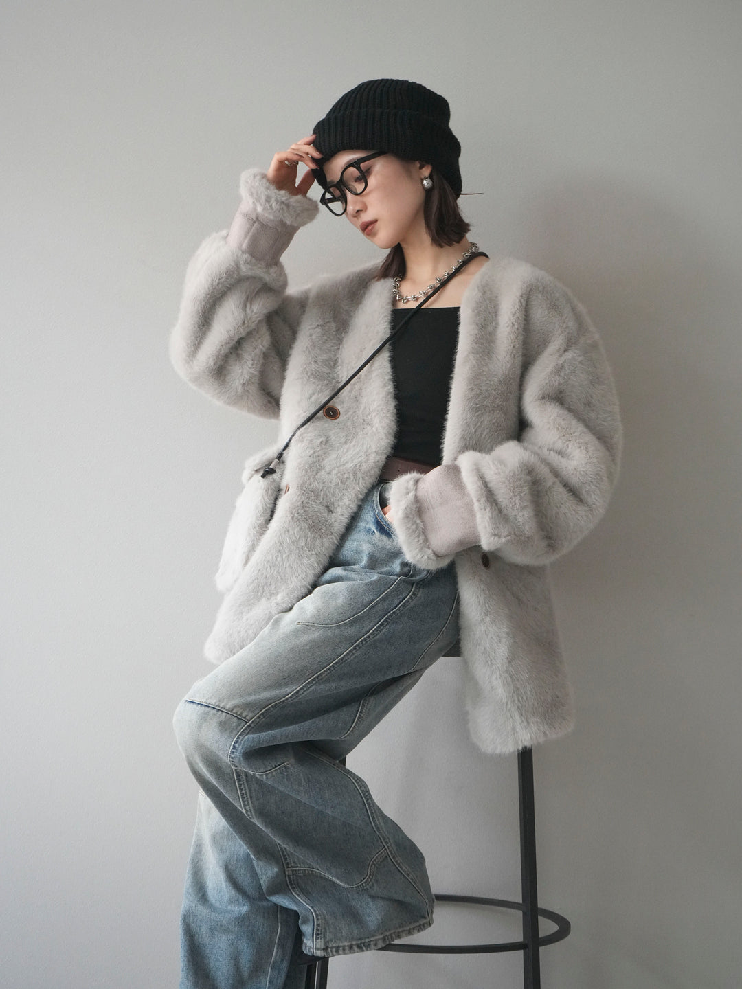 [SET]バッグ付エコファーノーカラーコート+ベルト付カーブデニムパンツ(2set)