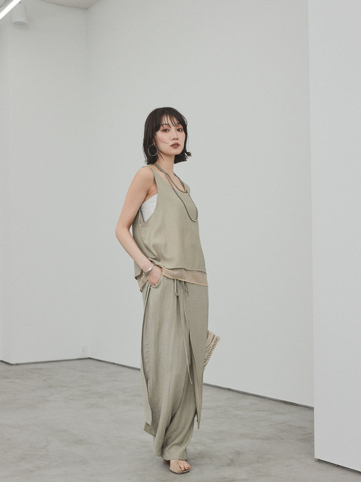 [予約]ワッシャーサテンレイヤードスカートパンツ/カーキベージュ