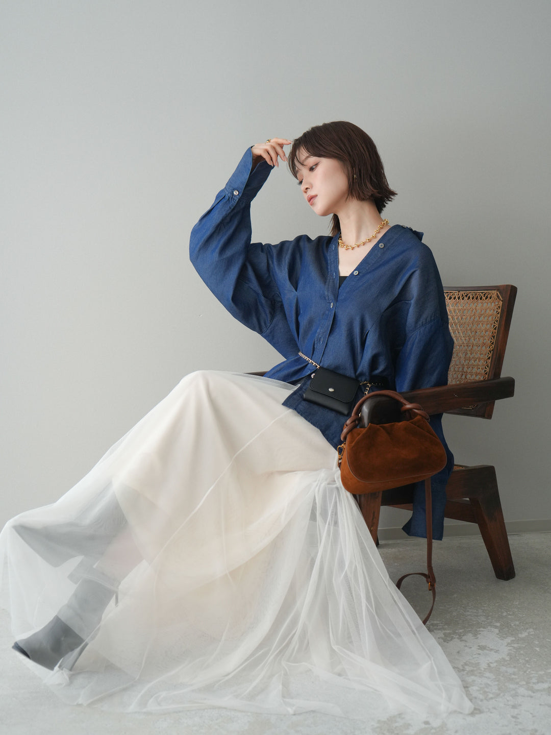 [SET]テンセルデニムタックシャツ+チュールボリュームスカート(2set)