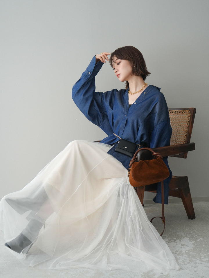 [SET]テンセルデニムタックシャツ+チュールボリュームスカート(2set)