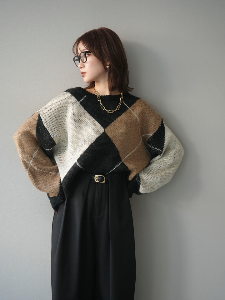 [SET]配色ステッチアーガイル柄ニットプルオーバー+選べるアクセセット(2set)