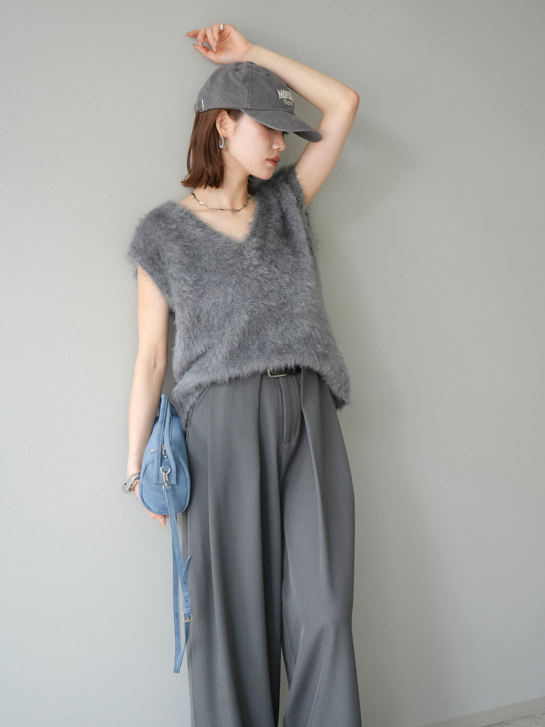 [SET]ラメシャギーVネックニットベスト+ベルトループデザインワイドパンツ(2set)