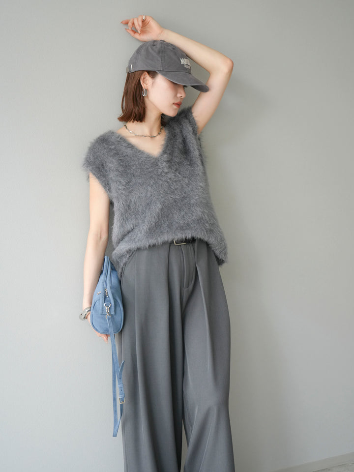 [SET]ラメシャギーVネックニットベスト+ベルトループデザインワイドパンツ(2set)