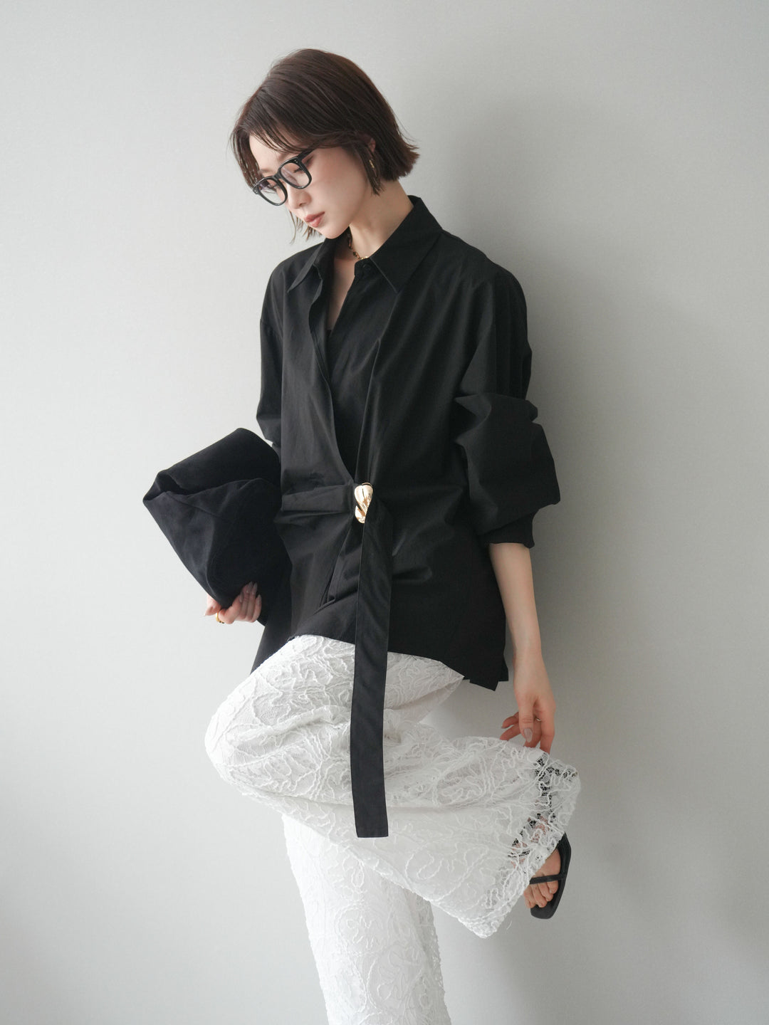 [SET]メタルパーツドレープシャツ+シアーコードレースイージーパンツ(2set)