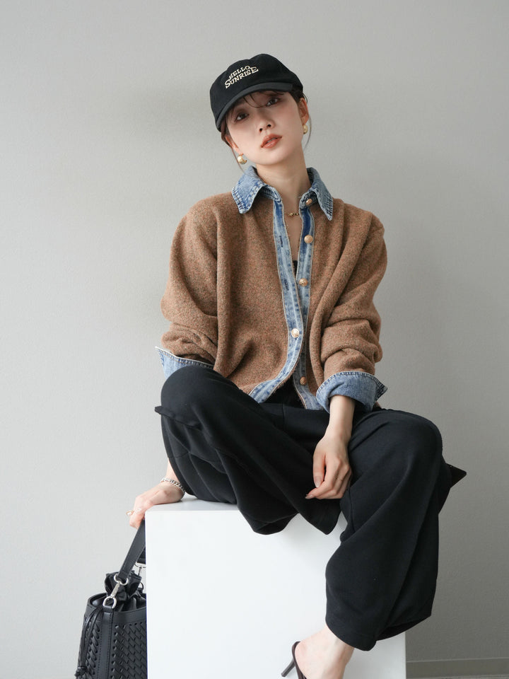 [SET]デニム襟ボタンニットカーディガン+2WAYデザインスウェットパンツ(2set)