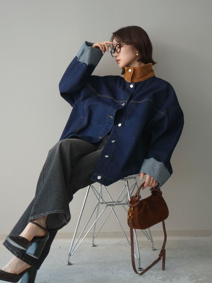 [SET]コーデュロイ×デニムミドルジャケット+フレアデニムパンツ(2set)