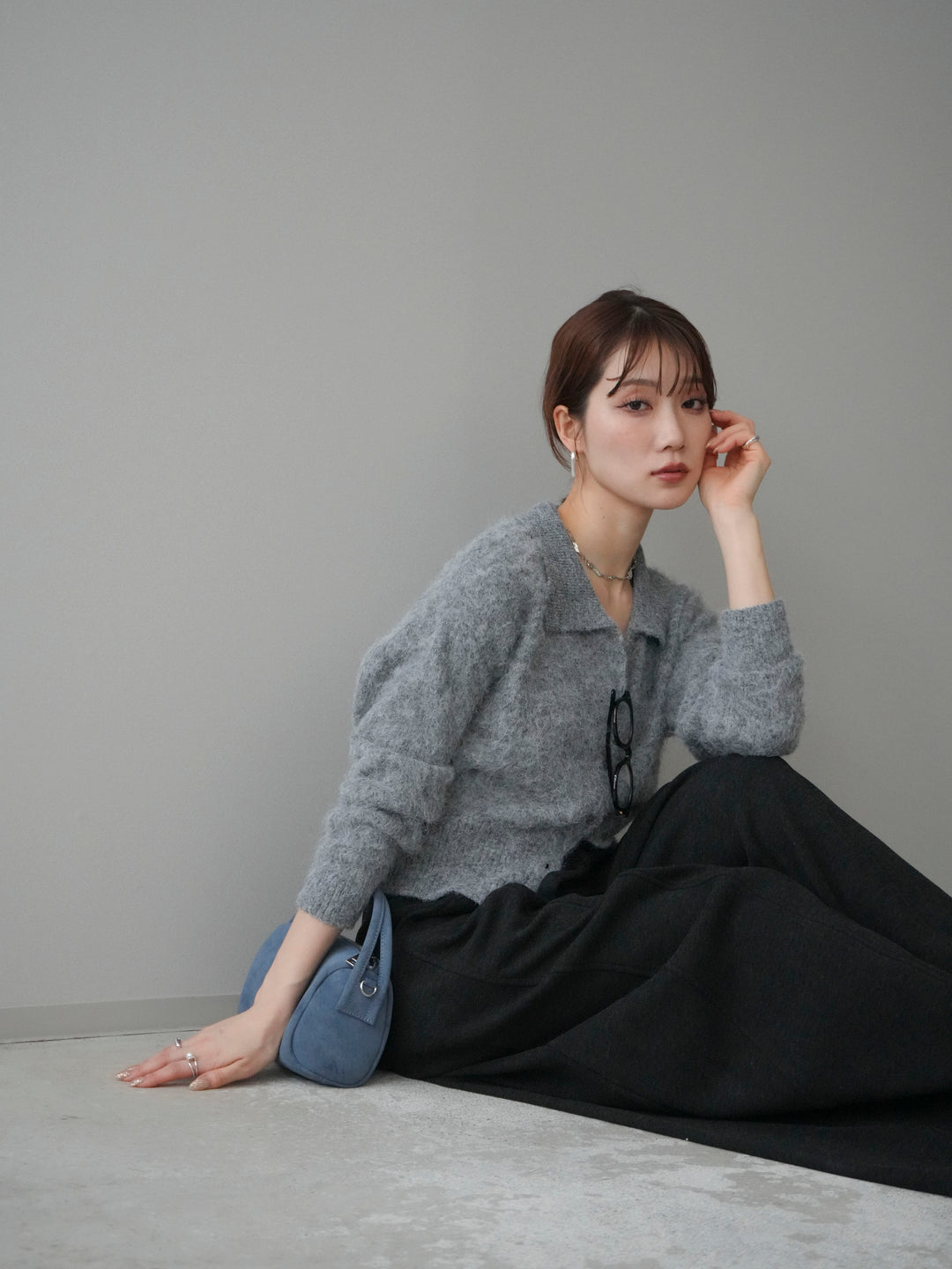 [予約]モヘア衿付きボタンプルオーバー/charcoal