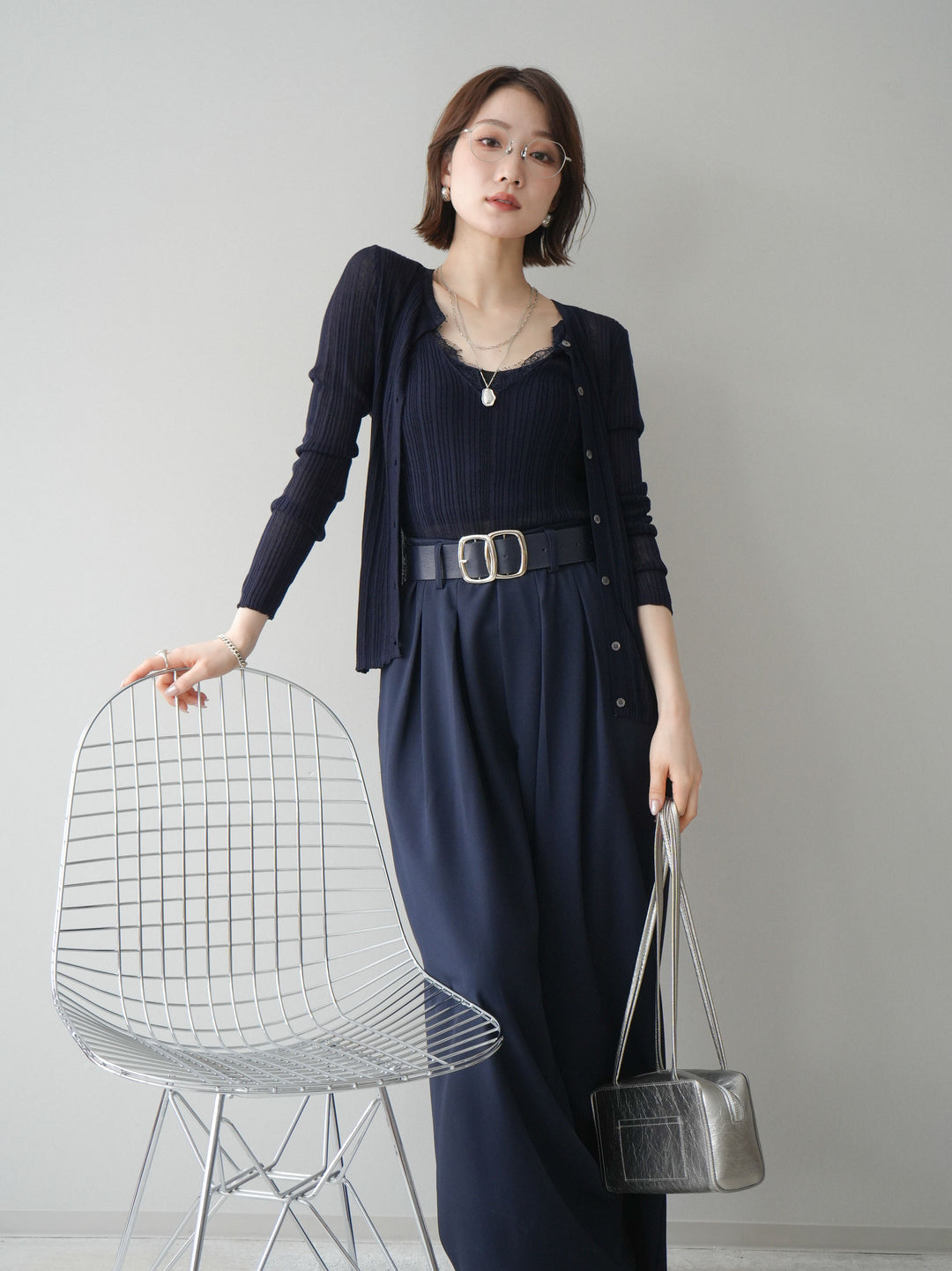 [予約]インナーレースキャミソール＆カーディガンアンサンブル/navy