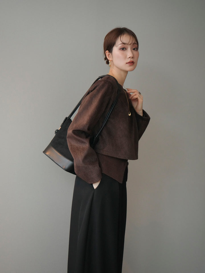 [予約]リブニットレイヤードスエードプルオーバー/brown