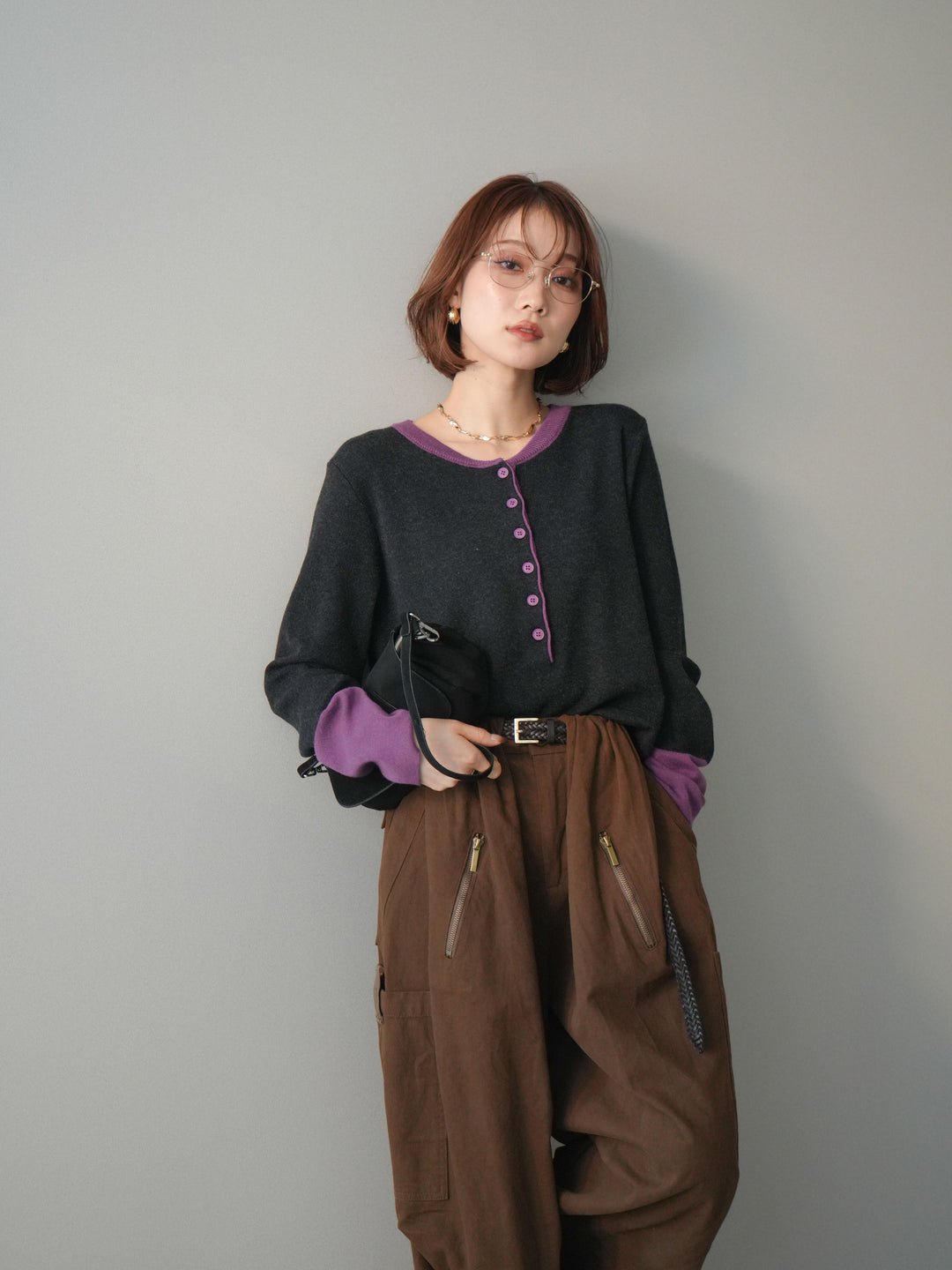 [SET]ヘンリーネック配色ニットソー+選べるアクセセット(2set)