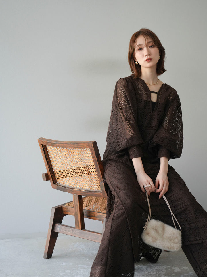 【套裝】塊蕾絲捲袖洋裝+塊蕾絲寬褲（2套）