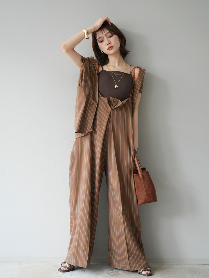 [予約]ヘリンボーンストライプサロペット/ブラウン