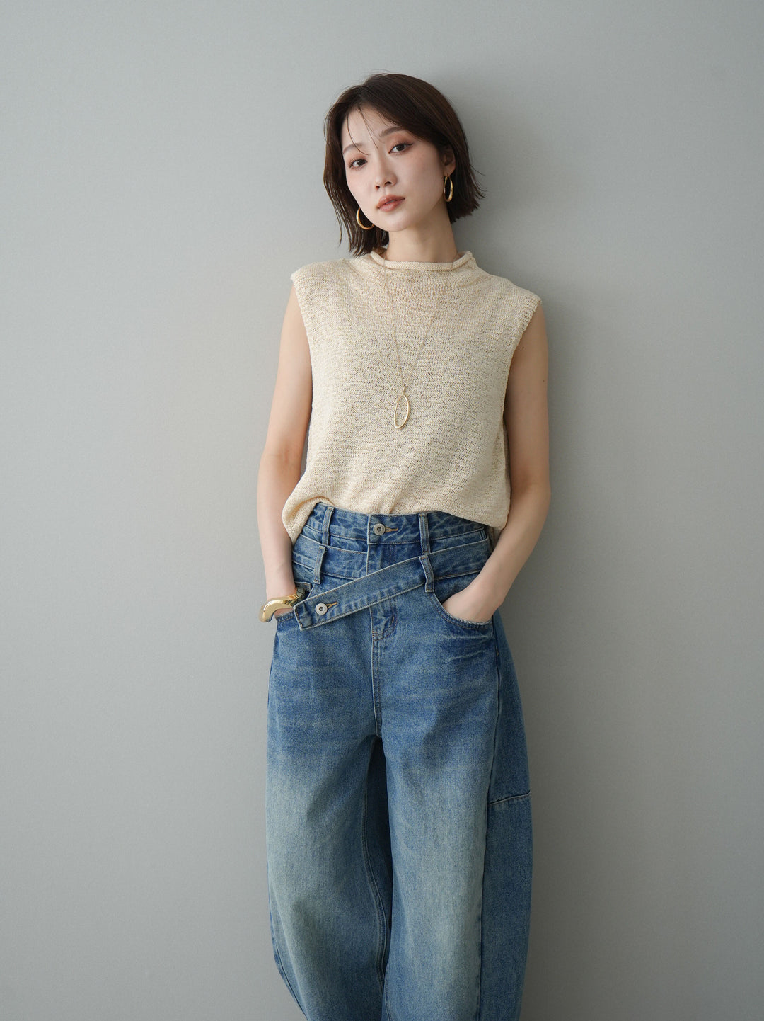 [予約]ノースリーブリネンタッチシアーニットプルオーバー/beige