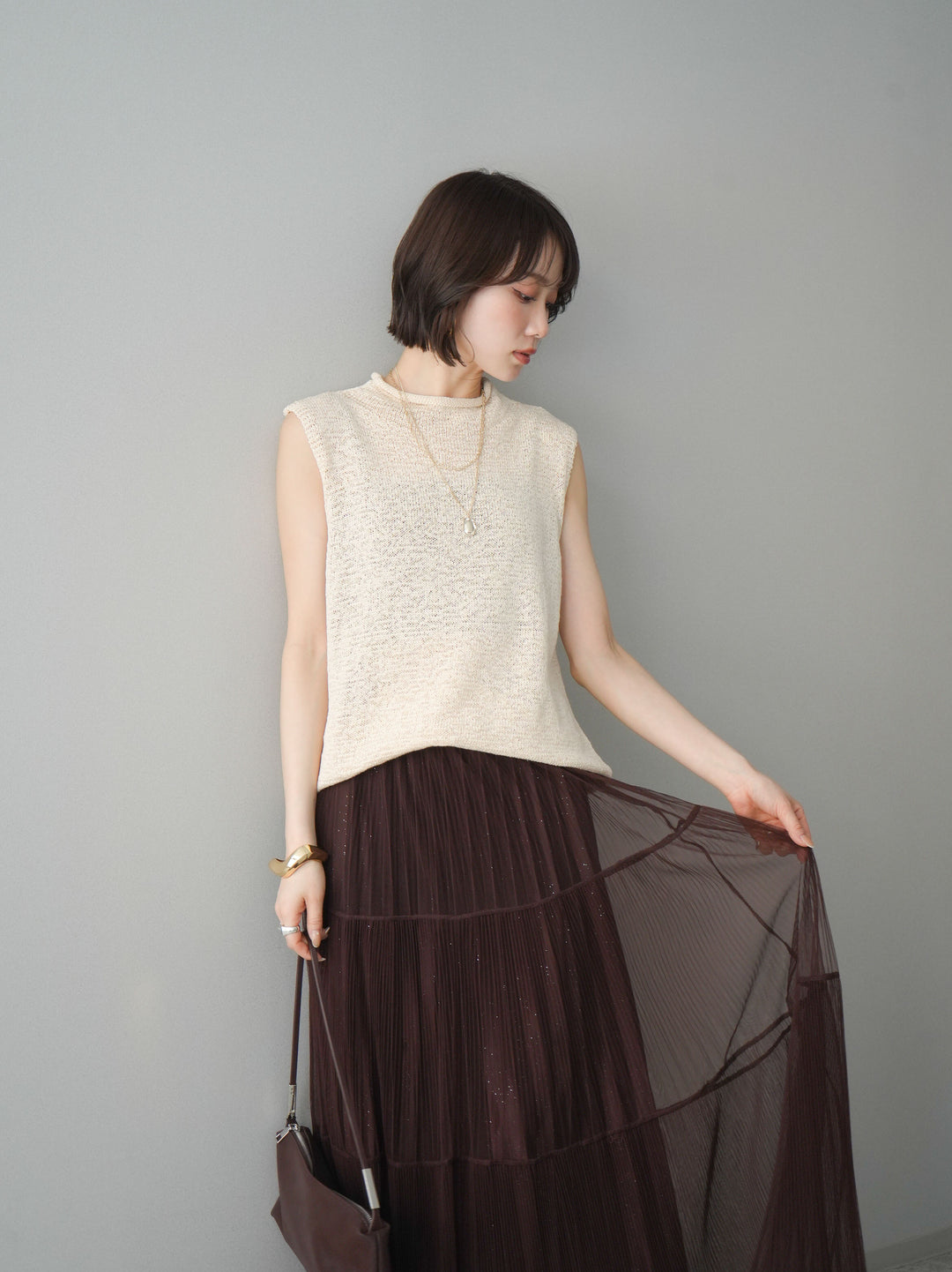 [予約]ノースリーブリネンタッチシアーニットプルオーバー/beige