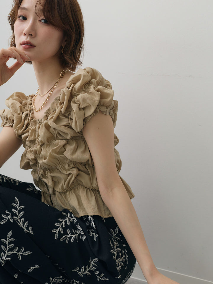 [予約]半袖シャーリングフリルブラウス/beige