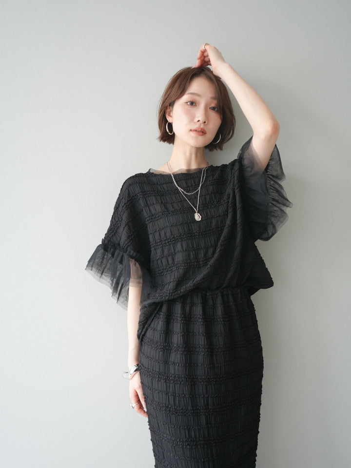[SET]チュール袖リップルトップス+リップルIラインスカート(2set)