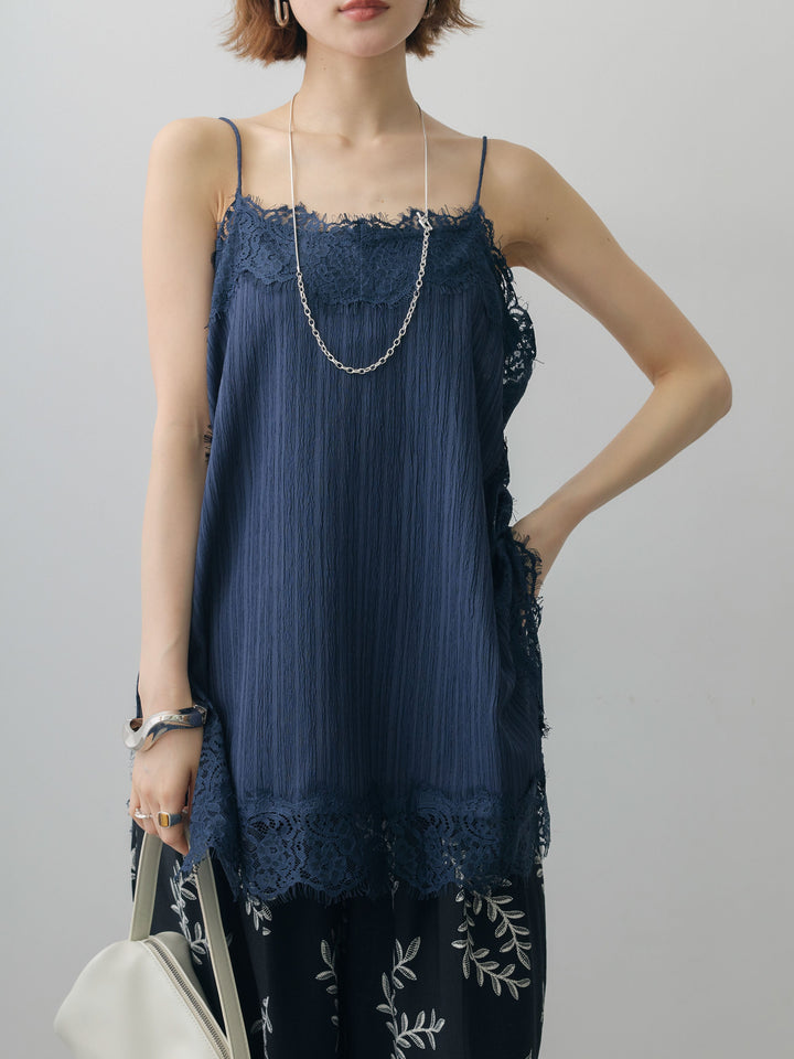 [予約]ワッシャーテクスチャーレーストリムキャミソール/navy