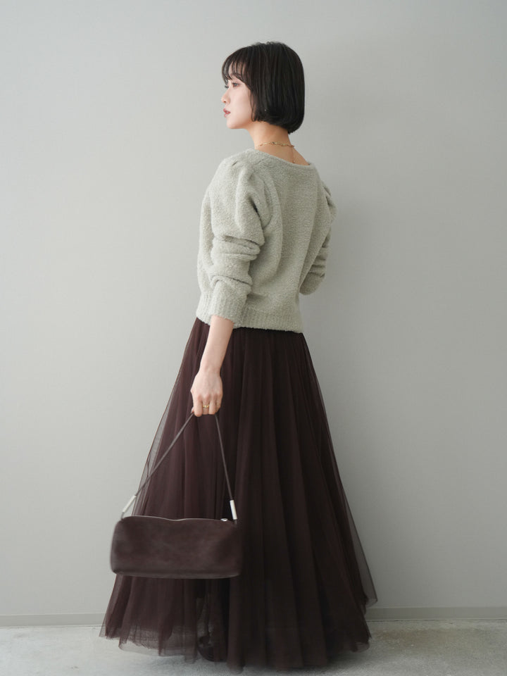 [SET]ゴールドボタンブークレニットカーディガン+チュールボリュームスカート(2set)