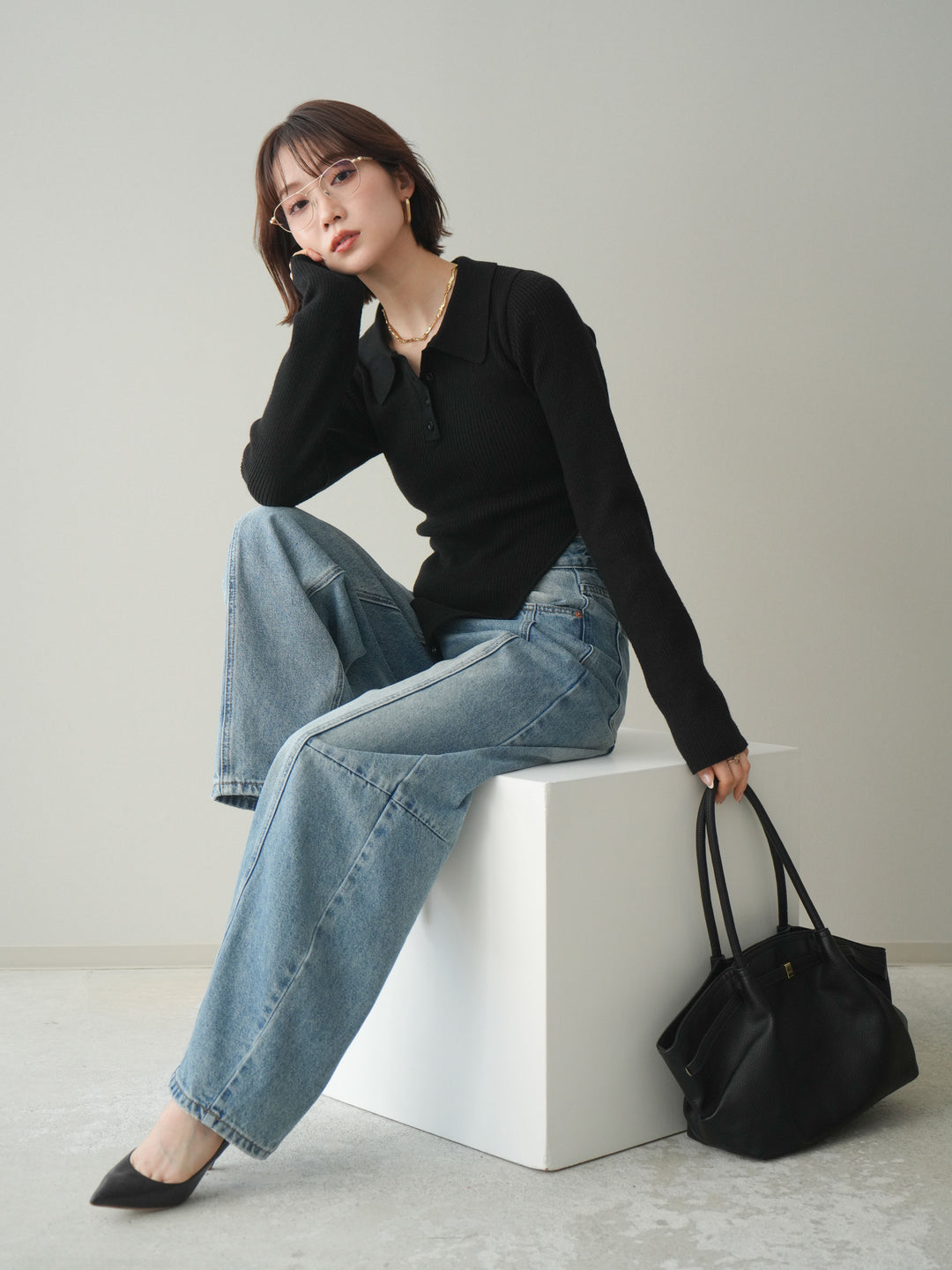 [予約]リブポロニットボディスーツ/black