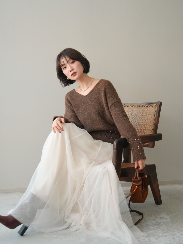 [SET]パールフリルリブヘムニットプルオーバー+選べるアクセセット(2set)