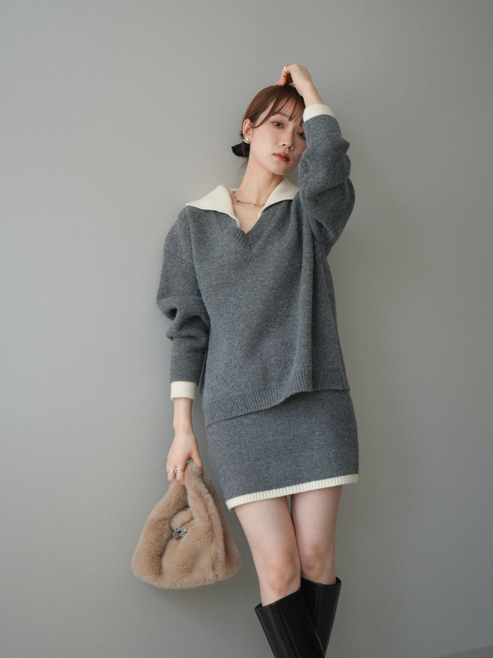 [SET]配色襟ニット＆ミニスカートSET UP+配色襟ニット＆ミニスカートSET UP(2set)