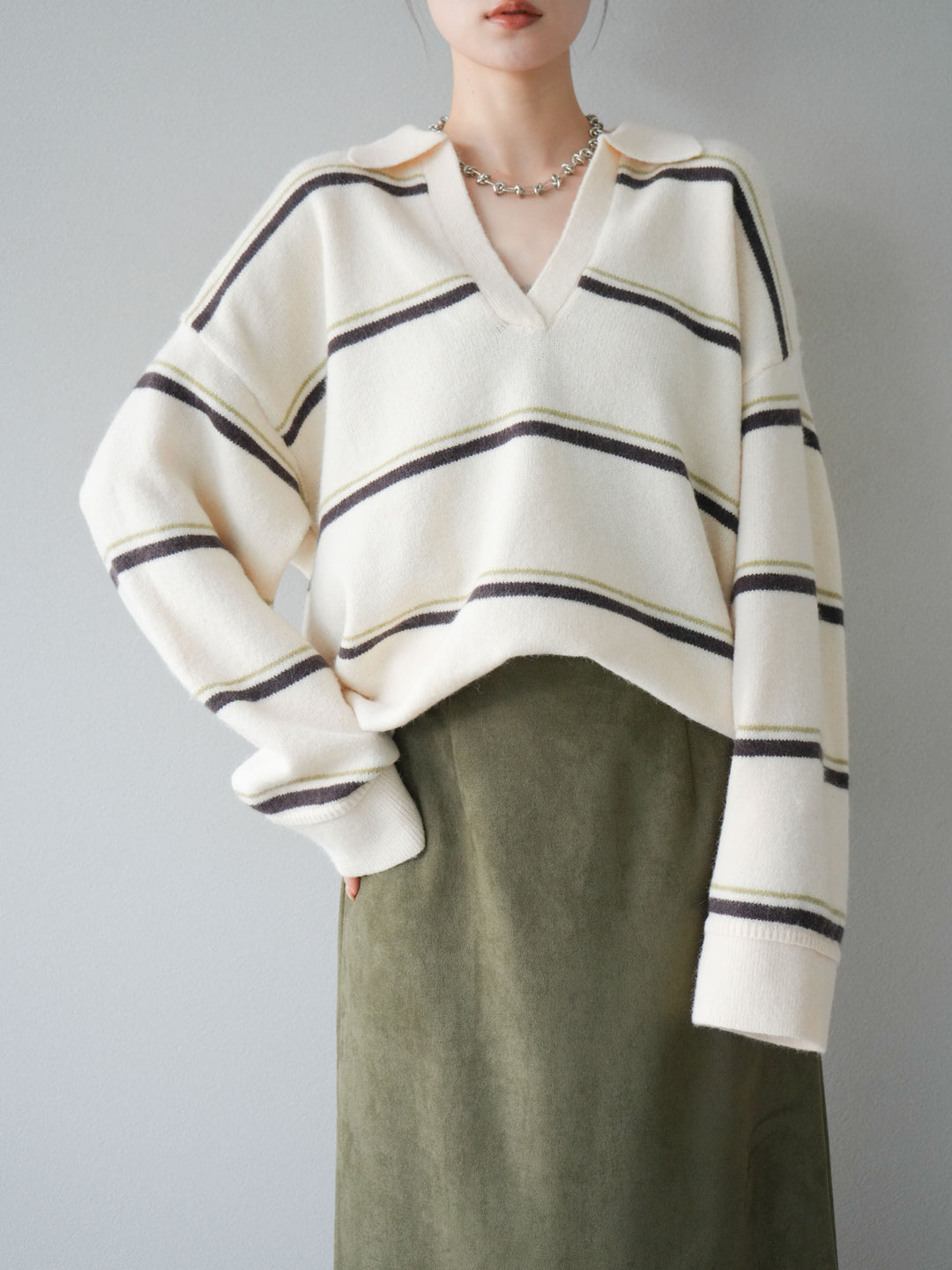 [SET]ポロ襟スキッパーボーダーニットプルオーバー+スウェードIラインスカート(2set)