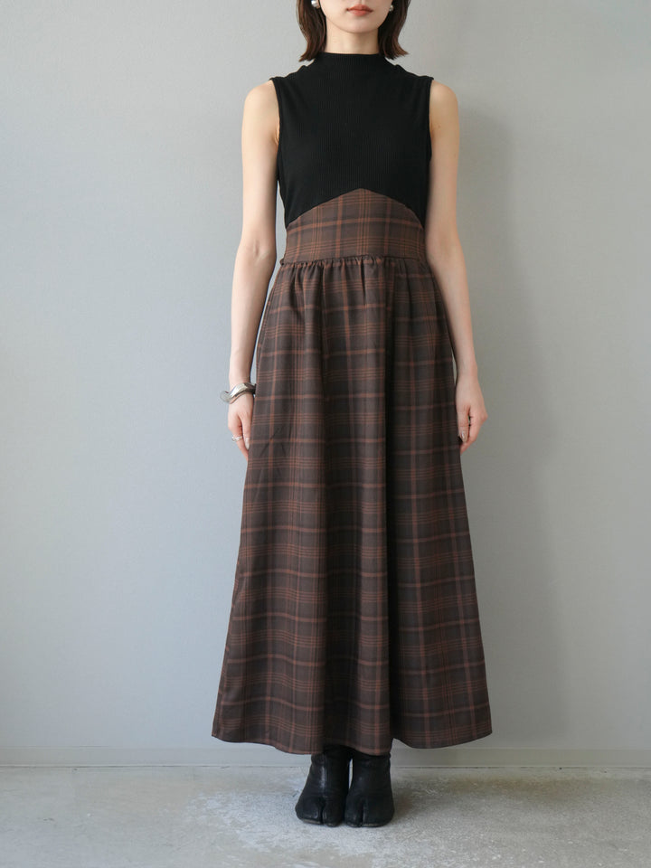 [予約]テレコ×チェックドッキングノースリワンピース/ブラック×ブラウン